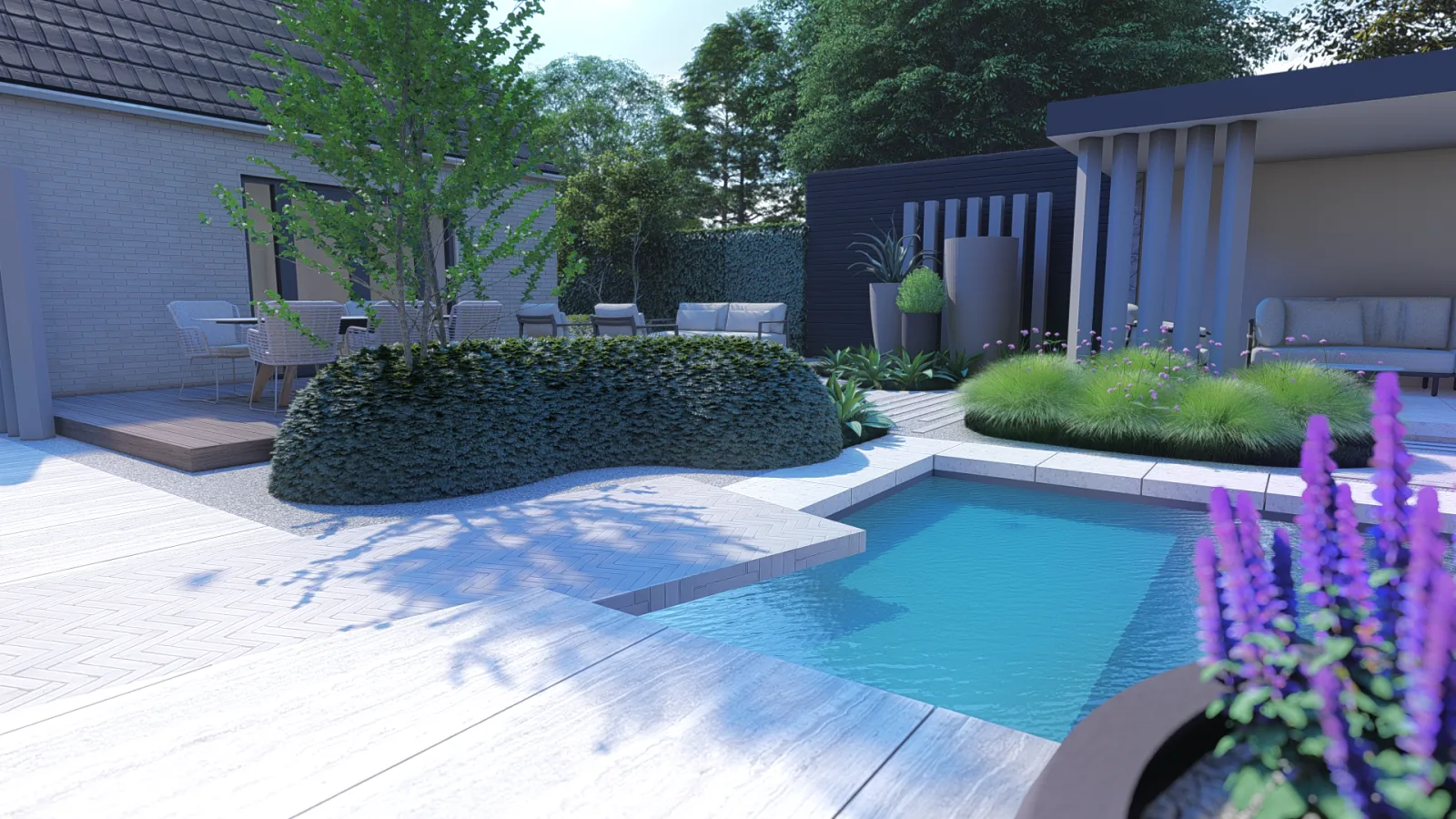 Strak vormgegeven tuin met terras en borders, ontworpen voor een woning in Amersfoort